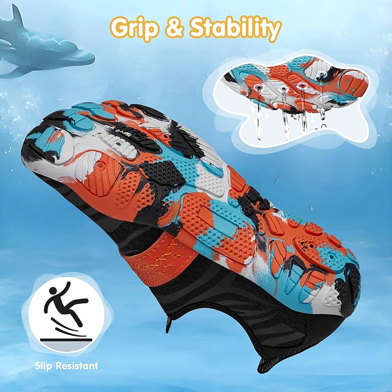 Kids Water Shoes - Quick-Dry Barefoot Style for Boys & Girls, 4-12 Years, Black-Orange Ripple (Big Kid)