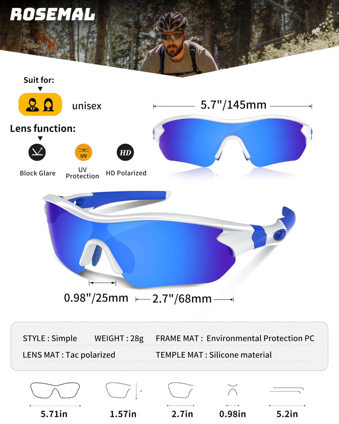 Rosemal Sunglasses Men Polarized Sports UV400 Protection TR90 Frame for Running Cycling Baseball Golf Tennis Hiking Fishing Driving
