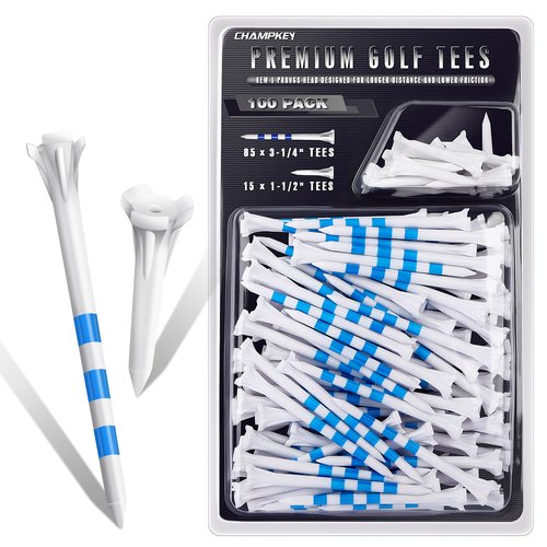CHAHMPKEY Premium 3-Prong Plastic Golf Tees 3-1/4" 100 Pack - 40% Reduced Ball Contact with High Stability and Long Distance Performance Golf Tees Plastic(White - 100 Assorted Pack)
