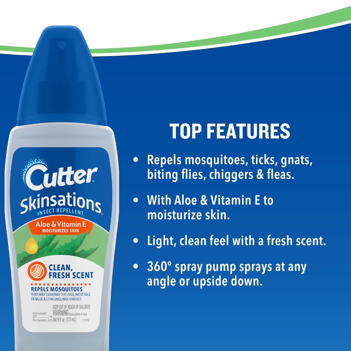 Cutter Skinsations Insect Repellent, Mosquito Repellent, Repels Mosquitoes, 7% DEET, 6 fl Ounce (Pump Spray)
