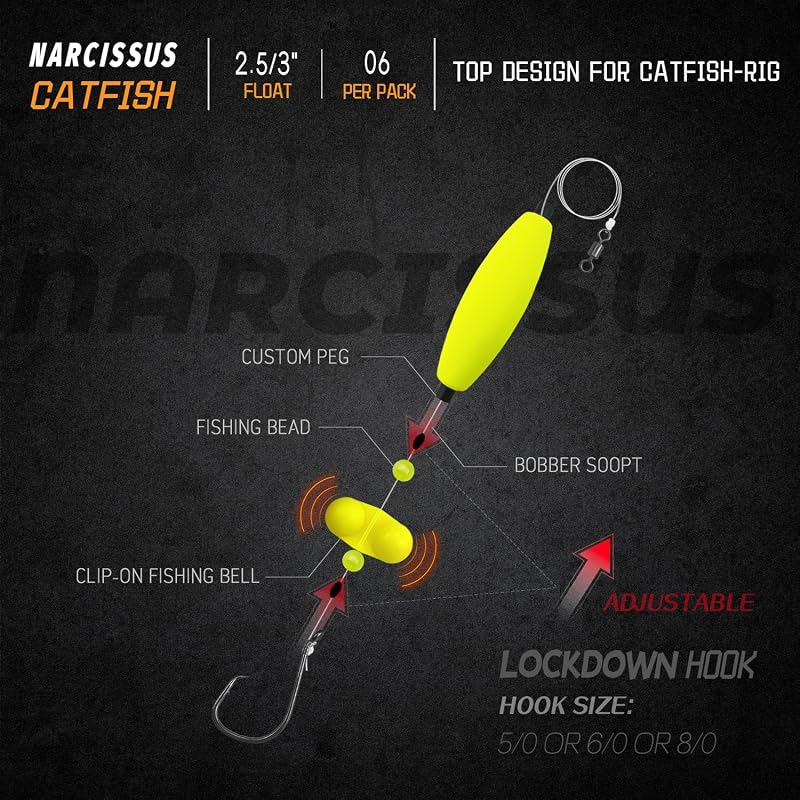 Catfish Rig Kit - 6 Pre-Tied Rigs with 2 Sinker Sliders, 2oz Pyramid Sinker, Hooks 5/0-6/0, Variation Hook Size 5/0-Weight 2 oz