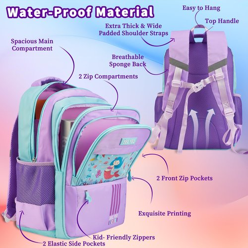 Girls Backpack with Lunch Box, Cute School Backpack for Kids Teen Elementary, Large Capacity Kids Bookbag 3 Pcs Set (Mermaid)