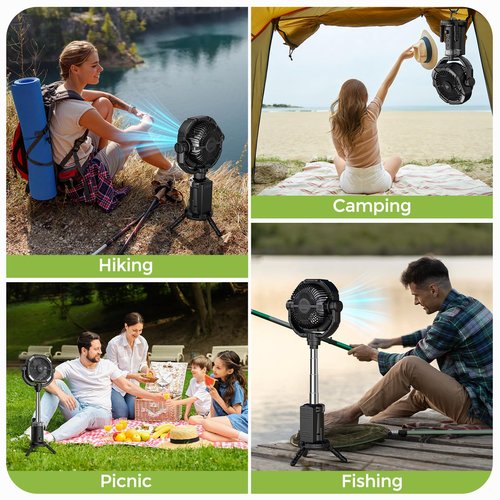 MAGTHIC Portable Camping Fan, 20000mAh Rechargeable Fan with Lights, Battery Powered, with Remote &Hook, Height Adjustable, 360° Oscillation, for Outdoor, Tent, Travel, Fishing