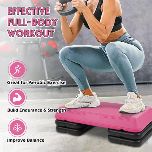 Fitvids Step Aerobic Platform with 4 Stackable Risers, 28'' Exercise Step Adjustable Height 4"-6''-8'', Fitness Training Workout Stepper for Home Gym, Cardio Strength, Black and Pink