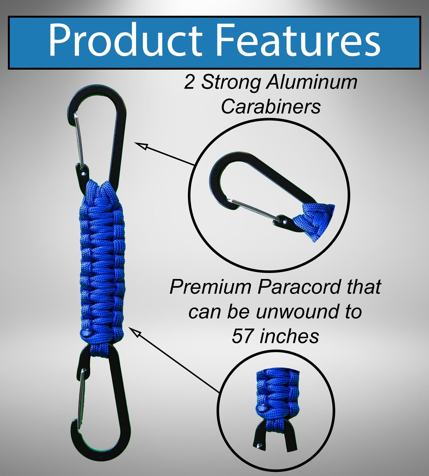 2 Pack Paracord Keychain Carabiner Clips, Heavy Duty Lanyard Hanger with Double Hooks for Stroller Holder, Bottle, Keys, Backpack, Tools (Blue)