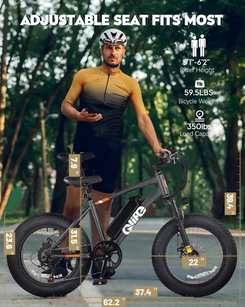 Qlife Racer Fat tire Electric Bike for Adults - 28MPH Mountain Ebike with Peak 1200W Brushless Motor, 499Wh Removable Battery, 20X4.0 Tire Step Over E-MTB with 7-Speed Black Classic