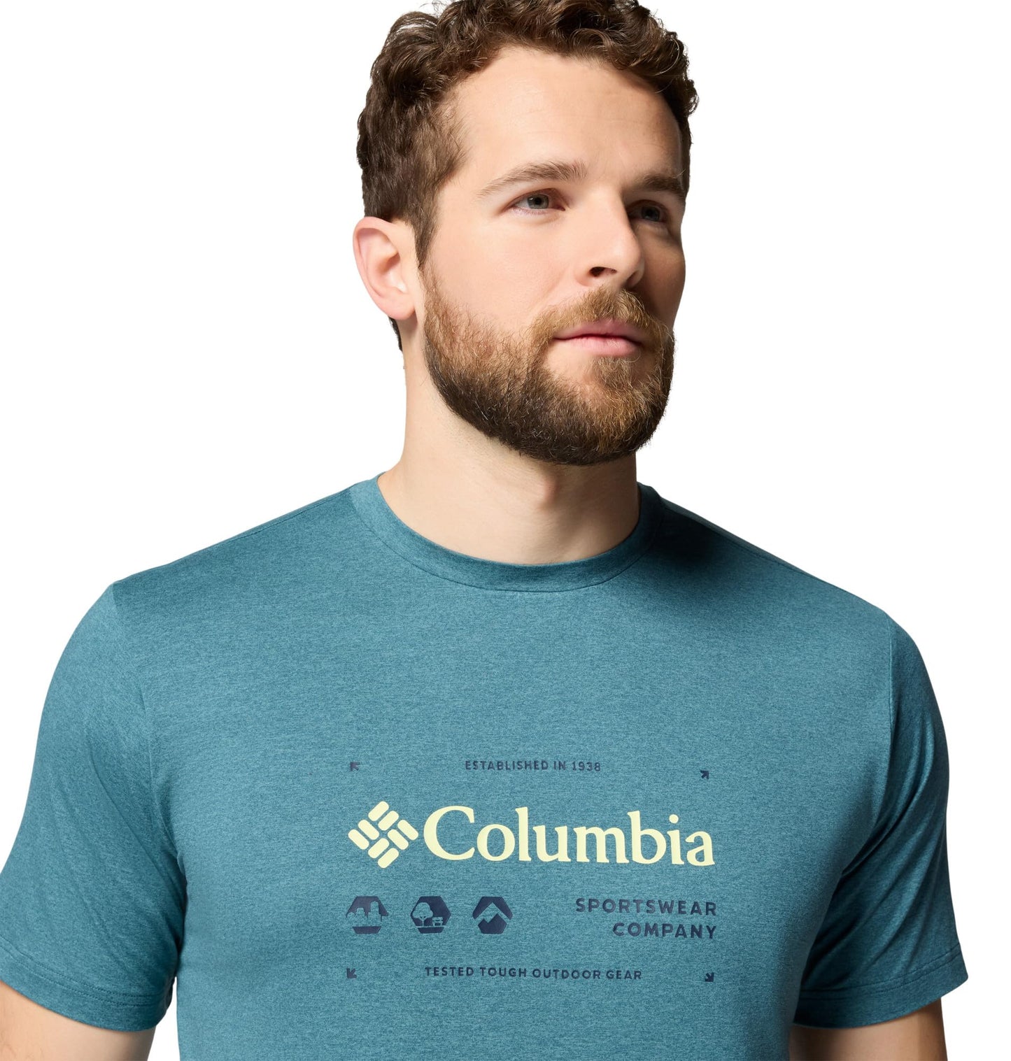Columbia Mens Kwick Hike Graphic Short Sleeve Tee, Everblue Heather/Iconic Brand, Medium
