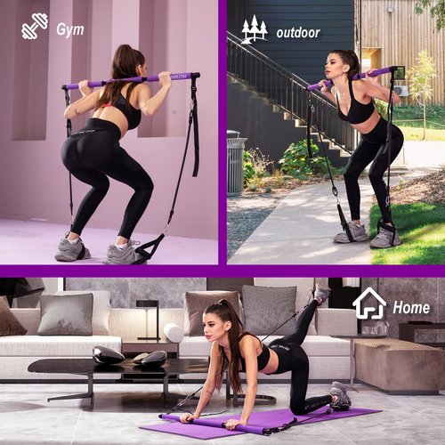 Pilates bar kit Multiple Fitness bar with Resistance Bands, Ab Rollers.Core Strength Training Equipment. Squat Machine for Men and Women.Portable Home Gym Pilates bar kit for Full Body Training Women