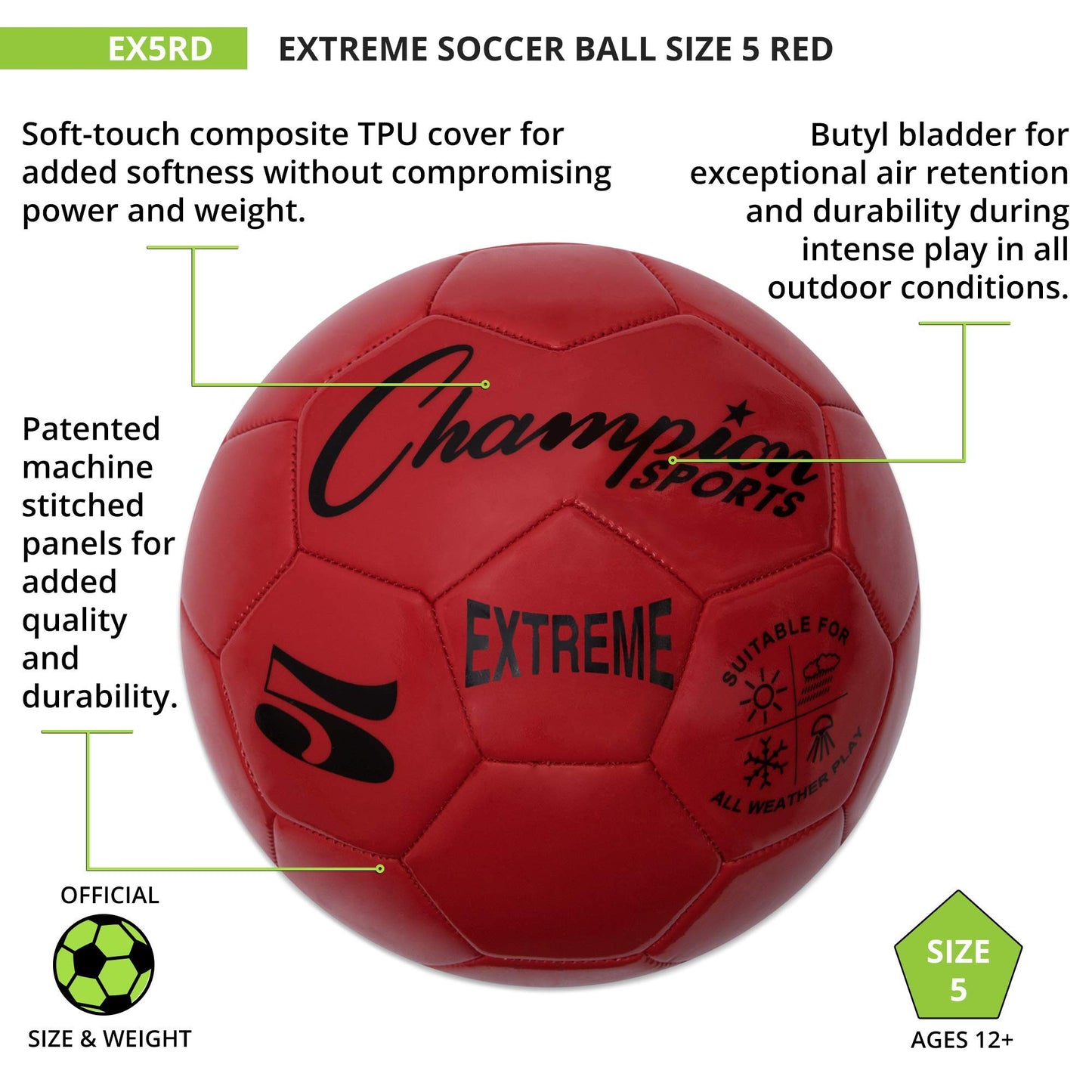 Champion Sports Extreme Series Soccer Ball, Regulation Size 5 - Collegiate, Professional, and League Standard Kick Balls - All Weather, Soft Touch, Maximum Air Retention - For Adults, Teenagers, Red