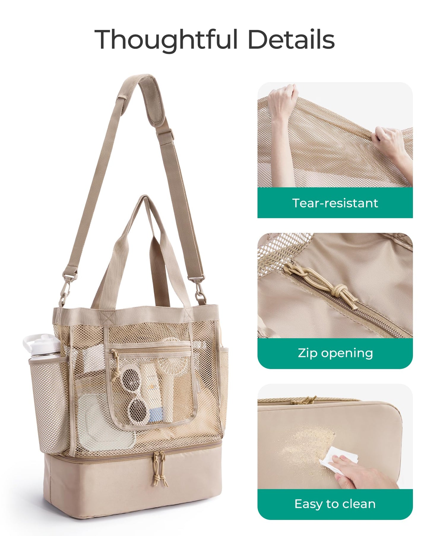 BAGSMART Beach Bag for Women, Mesh Tote Bags with Zipper, Sandproof Vacation Essentials with Cooler for Swim Cruise Pool, Camel