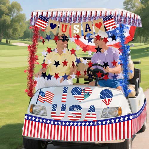 4th of July Car Parade Decorations Kit Patriotic Golf Cart Decor American Flags Bunting Pleated Fan Flag Metallic Stars Fringe Banner Garland Star Car Stickers for Independence Day Memorial Day