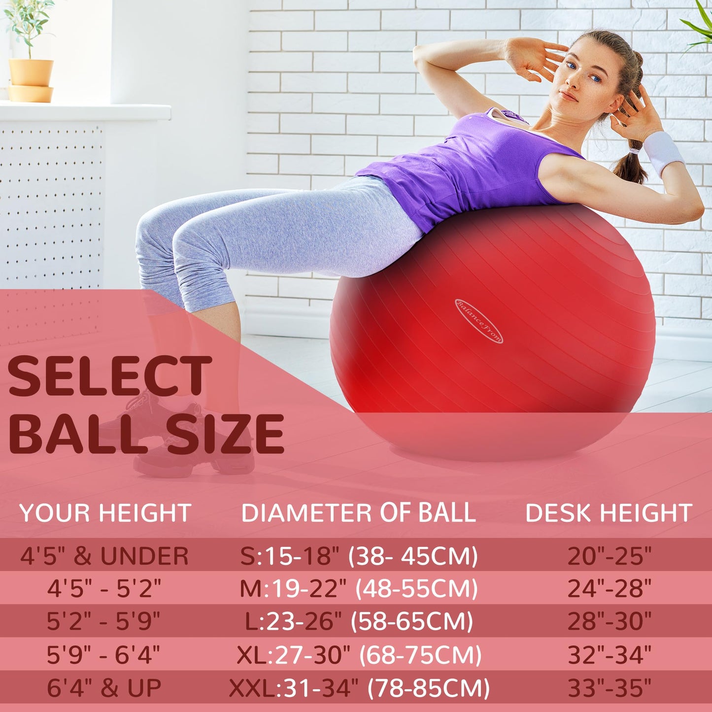 Fitvids Anti-Burst and Slip Resistant Exercise Yoga Ball with Quick Pump 68-75cm, XL, Red