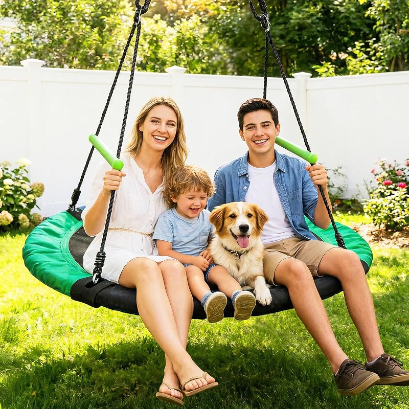 TBMLC 48-Inch Diameter Saucer Swing with Armrest - Black & Dark Green, Heavy-Duty Steel Frame