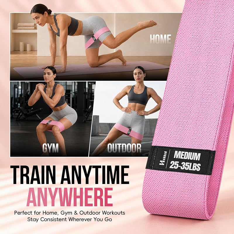 Fabric Resistance Band Set (Gray Pink Green 14–45 lbs) with Exercise Guide – 3 Levels
