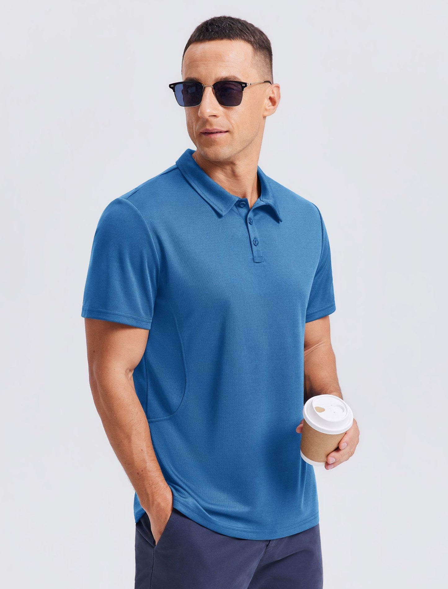 PINSPARK Men's Polo Shirts 3 Button Quick Dry Performance Collared Casual Shirt Short Sleeve Golf Polos for Men Blue