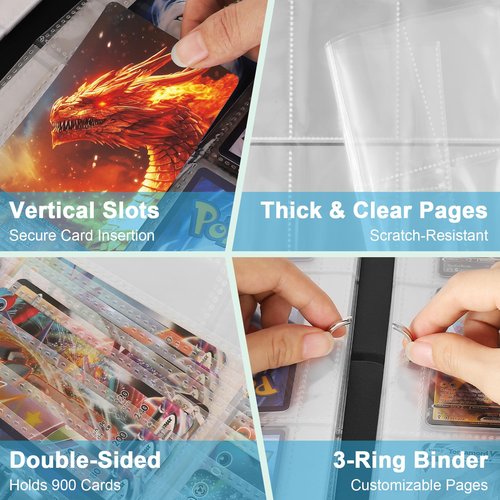 Gbchais Fire & Ice Dragon 9 Pocket Trading Card Binder Album, Holds 900 Cards with 50 Removable Double-Sided Sleeves, Waterproof PU Leather Zipper Binder for TCG, MTG, Sports Cards