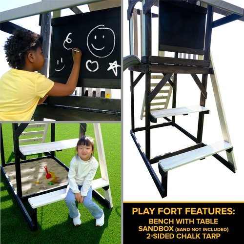 Sportspower Roswell Wooden Swing Set: Play Fort, Bench with Table, Sandbox, Trapeze, and 8' Slide - Black, Green and White