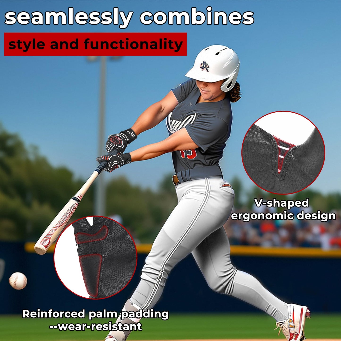 AIGEVTURE Baseball Bating Gloves Adult Youth Baseball Softball Batting Gloves Men Women Black Large