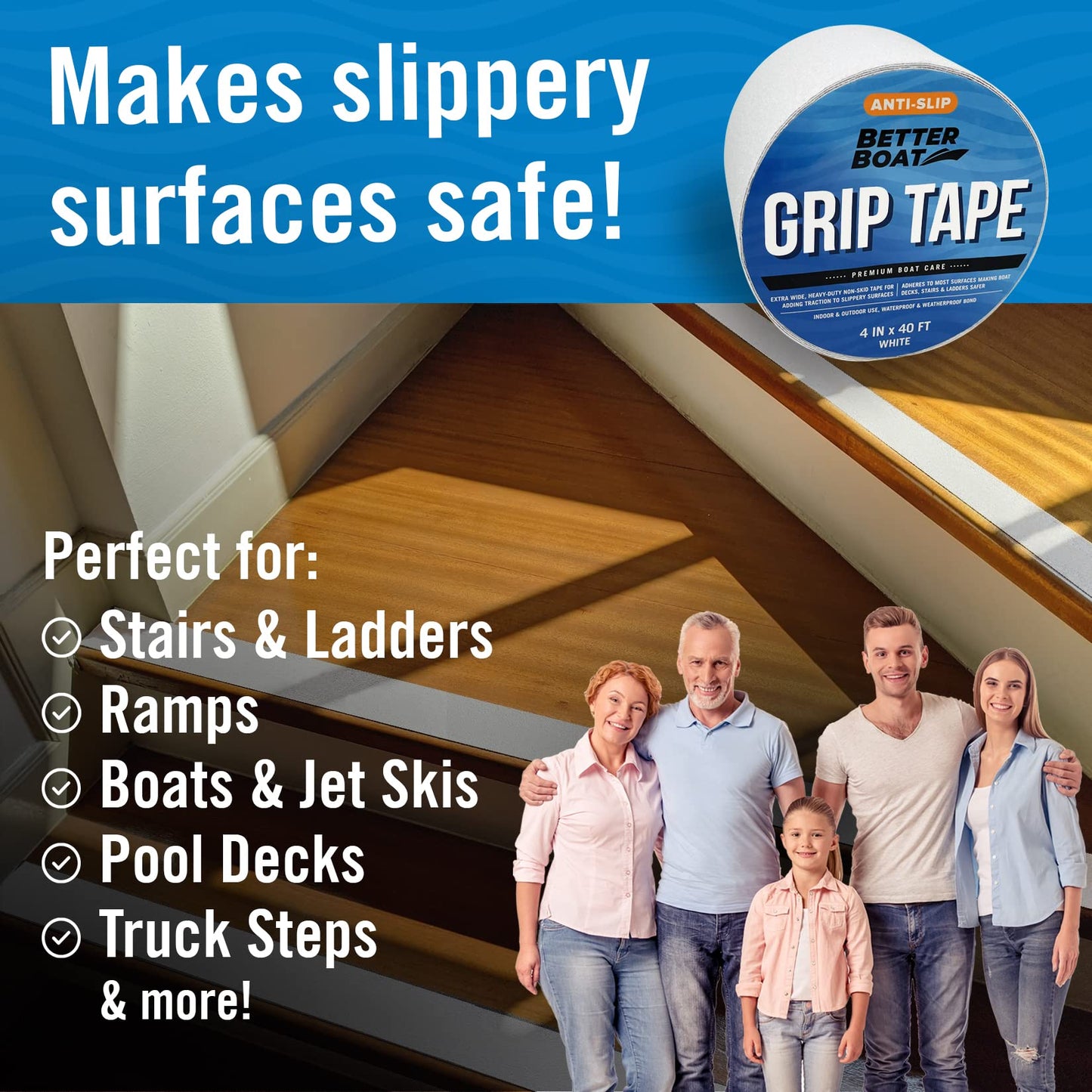 Better Boat Anti Slip Tape for Outdoor Stair Treads, Non-Skid Grip for Stairs and Steps, 4" x 40ft Roll, White Waterproof Traction, Weather-Resistant Friction Floor Tread for Dogs and Steps