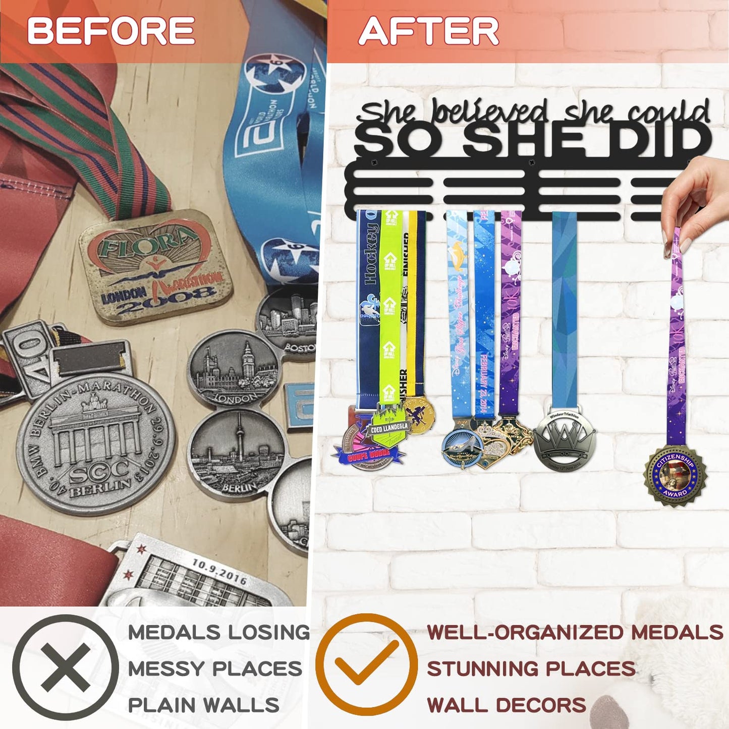 Bliocefo Medals Hanger Display Holder Rack 13.8 inches She Believed She Could Wall Mount Steel Frame Over 60 Medals-Sports Medal Hangers Racks Bib Ribbon with Easy Hanging Bars Black 3 Lines
