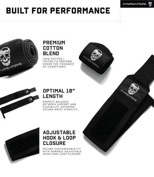 Gymreapers Weightlifting Wrist Wraps (Competition Grade) 18" Professional Quality Wrist Support with Heavy Duty Thumb Loop - Best Wrap for Powerlifting, Strength Training, Bodybuilding(Black,18")