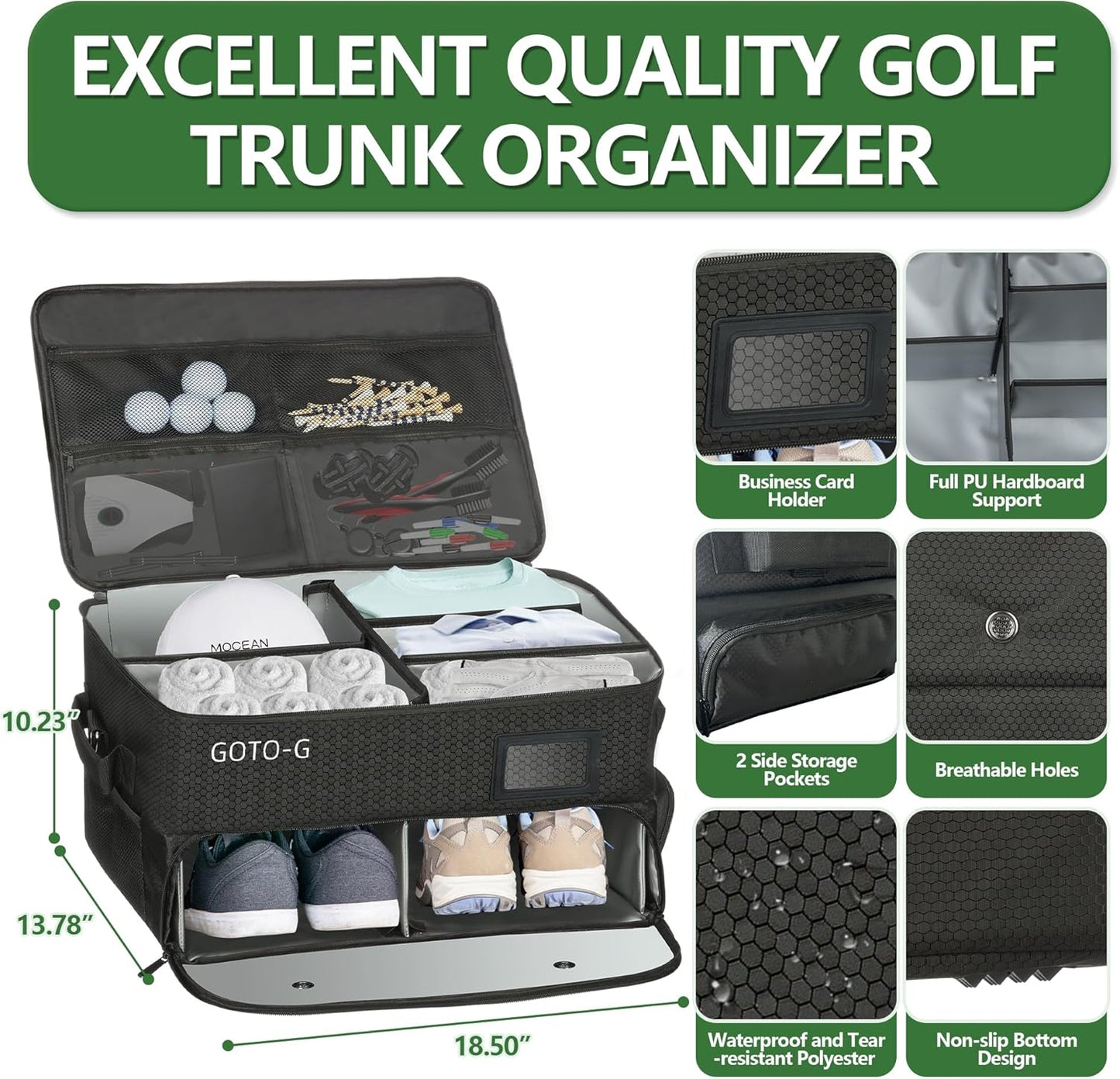 3 Layer Golf Trunk Organizer for 2 Pair Size 13 Shoes, Large Capacity, Gifts for Men with Waterproof Separate Ventilated Storage for Accessories, Balls, Tees, Clothes, Gloves (Black)