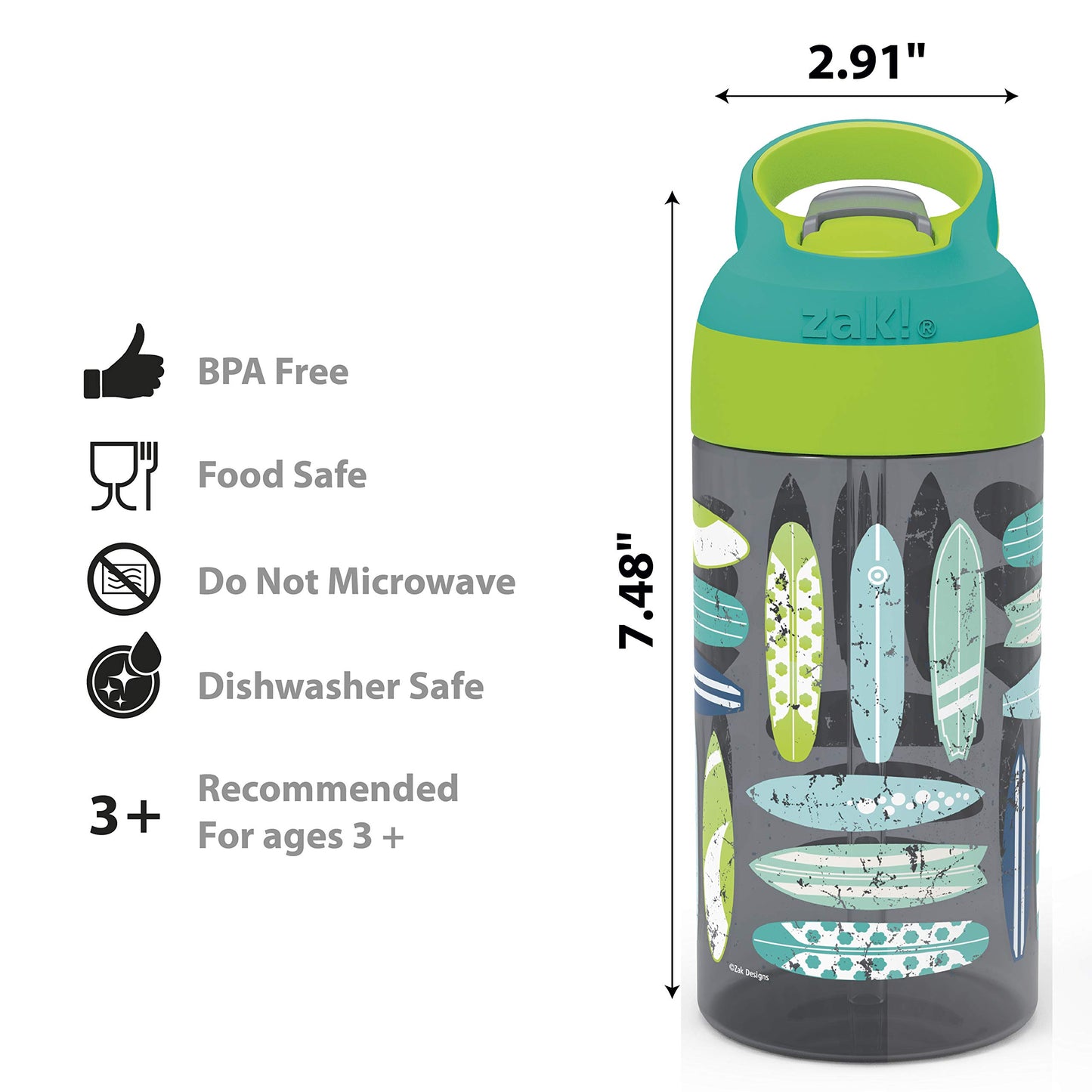 Zak Designs 16oz Riverside Beach Life Kids Water Bottle with Straw and Built in Carrying Loop Made of Durable Plastic, Leak-Proof Design for Travel, 2PK Set