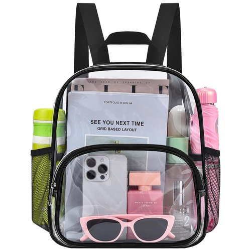 Clear Backpack for Stadium Events Clear Backpack 12x12x6 with Front Pocket for Sport Fashion Events Work Travel-Black