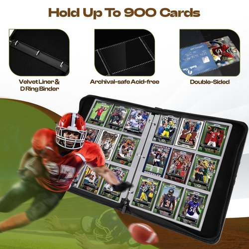 Football Card Binder,900 Pockets Upgraded Trading Card Binder with Zipper, Large Sports Card Holder Include 50 Removable Sleeves,9 Pocket Double Side Card Album Folder for Collection Organizer