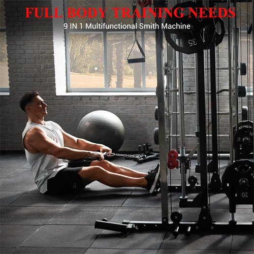 Smith Machine for Home Gym, Multifunctional Strength Training Power Cage with T Bar, Lat-Pull Down System and Cable System, 2200 Lbs Squat Rack with More Training Attachment, Black and Red