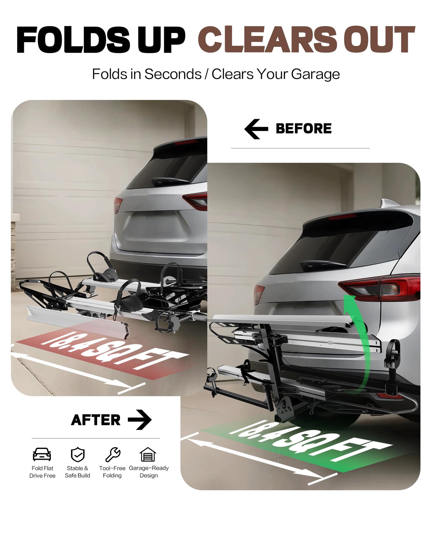 RokRack One Foldable 2-Ebike Rack with Ramp, 200 lbs Capacity, Hitch Mount Electric Bike Rack, Fits up to 5" Fat Tire Width and 50" Wheelbase, Ebike Carrier Rack for 2" Receiver for Cars SUVs Vans RVs