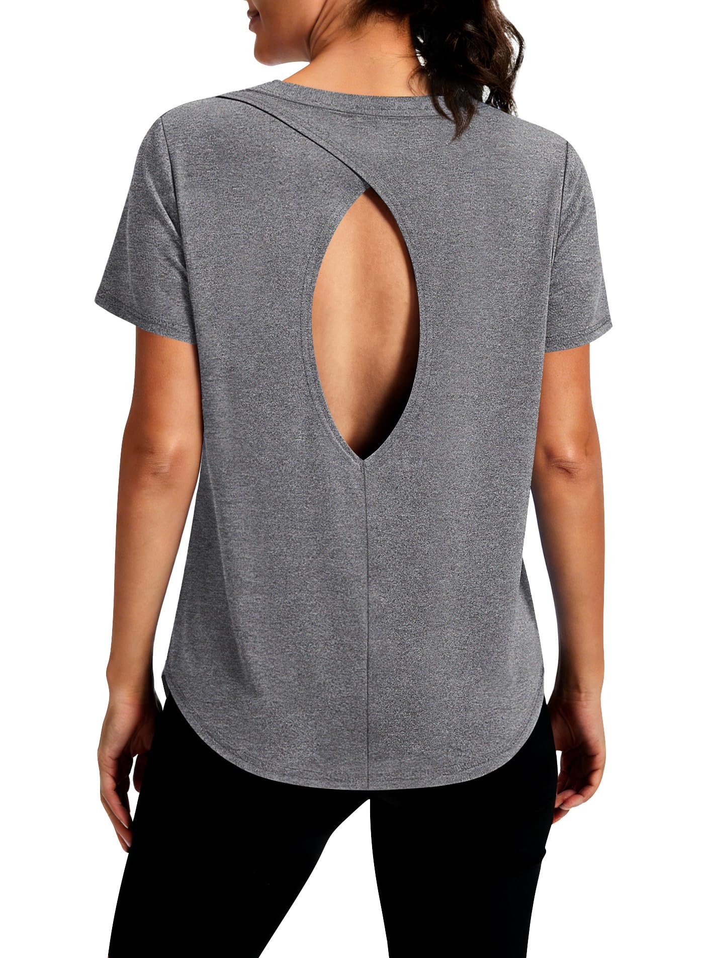 Alaroo Open Back Tops for Women Workout Shirts Short Sleeve Yoga Gym Clothes Summer Beach Vacation Sun Protection Clothing Grey XL