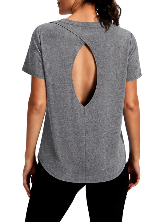 Alaroo Open Back Tops for Women Workout Shirts Short Sleeve Yoga Gym Clothes Summer Beach Vacation Sun Protection Clothing Grey XL
