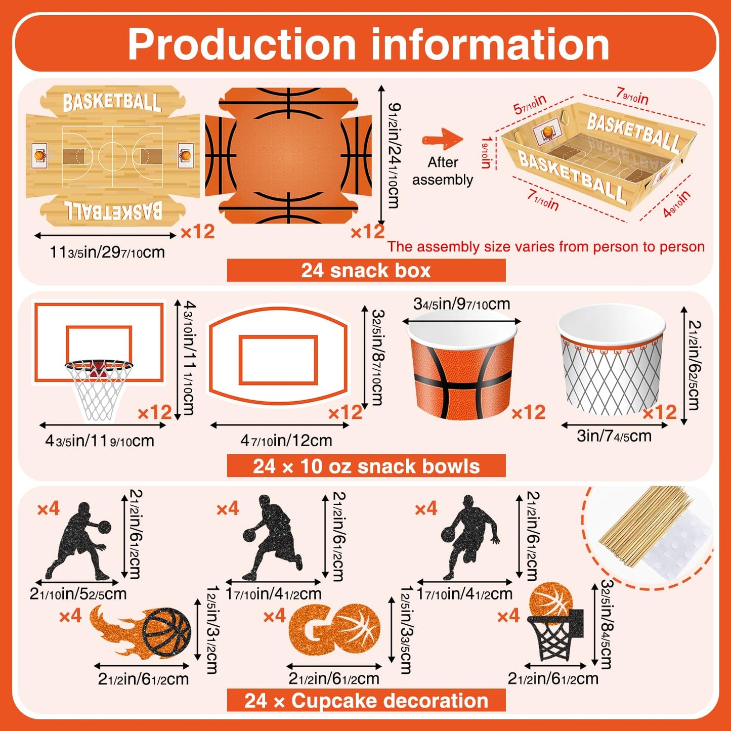 Basketball Party Snack Boxes Set, 96Pcs Basketball-Theme Party Supplies with Snack Bowls, Food Tray, Hoop Backdrop Cards and Glitter Cupcake Toppers for Basketball Birthday Party Decorations