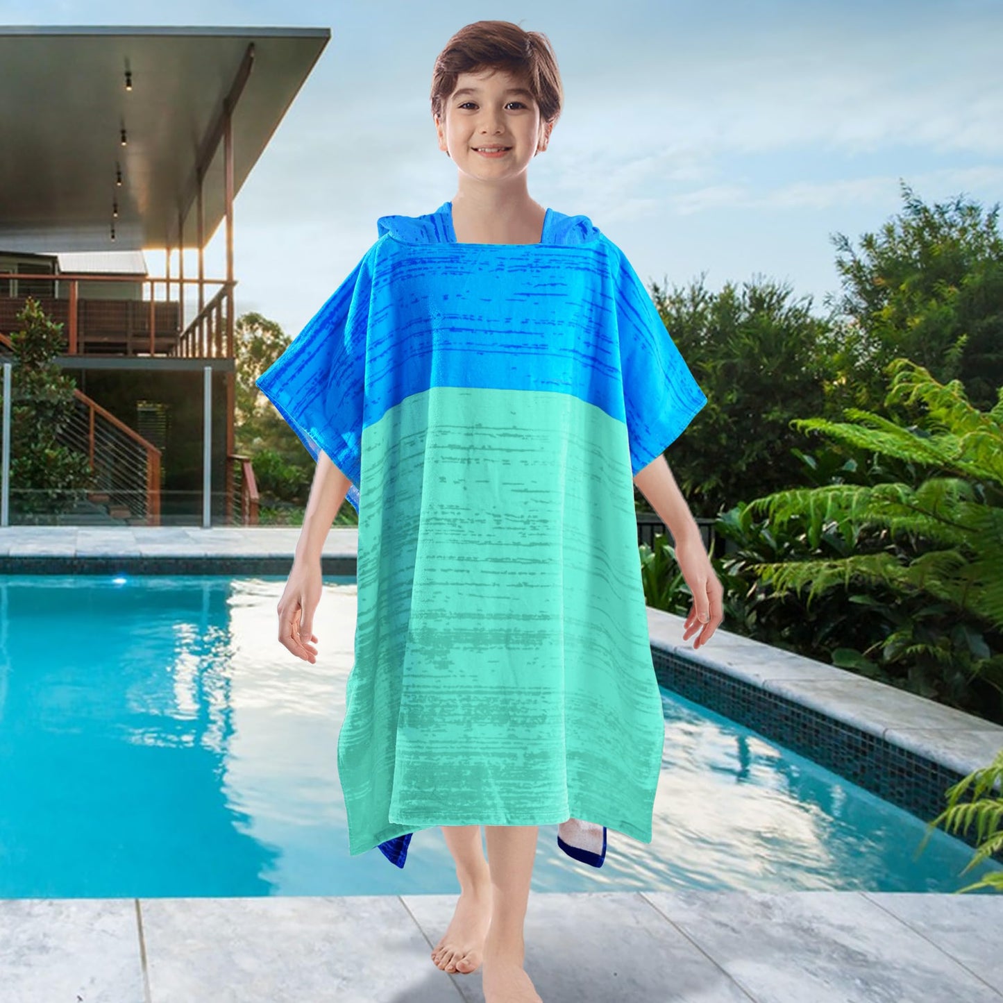 VOOVA & MOVAS Poncho Towel for Teens (8-16 Years) | Soft Absorbent Cotton Hooded Towel Robe | Versatile Beach, Pool, Swim & Bath Cover-Up | Blue & Aqua