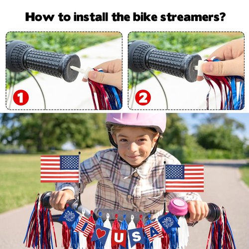 4th of July Patriotic Bike Decor Include USA Patriotic Banner Paper Flower Fans USA Flags Tinsel Garlands Red White Blue Balloons Bike Ribbon Streamers and Paper Streamers Patriotic Bike Decor Set