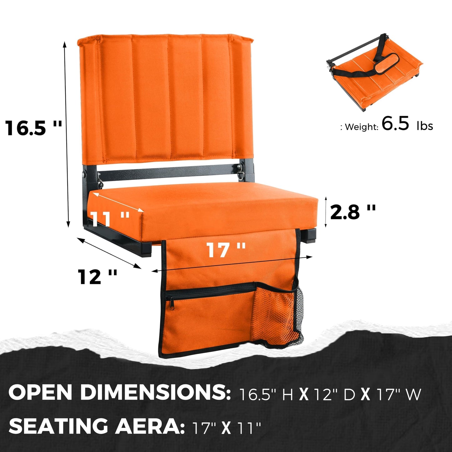 SPORT BEATS Stadium Seats with Back Support Bleacher Chairs with Back and Cushion Thick Padded Bleacher Seats Includes Shoulder Strap Orange 1pc Standard