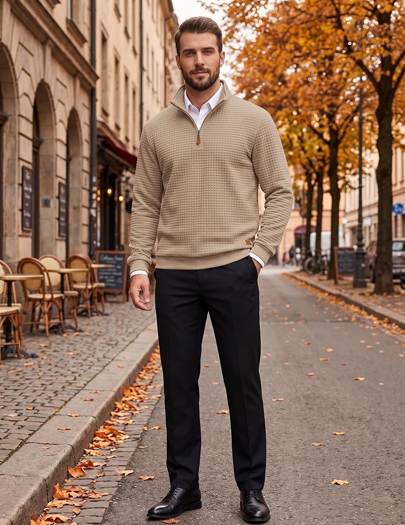 Coofandy Men's Quarter Zip Pullover Sweatshirt - Dark Khaki, Large
