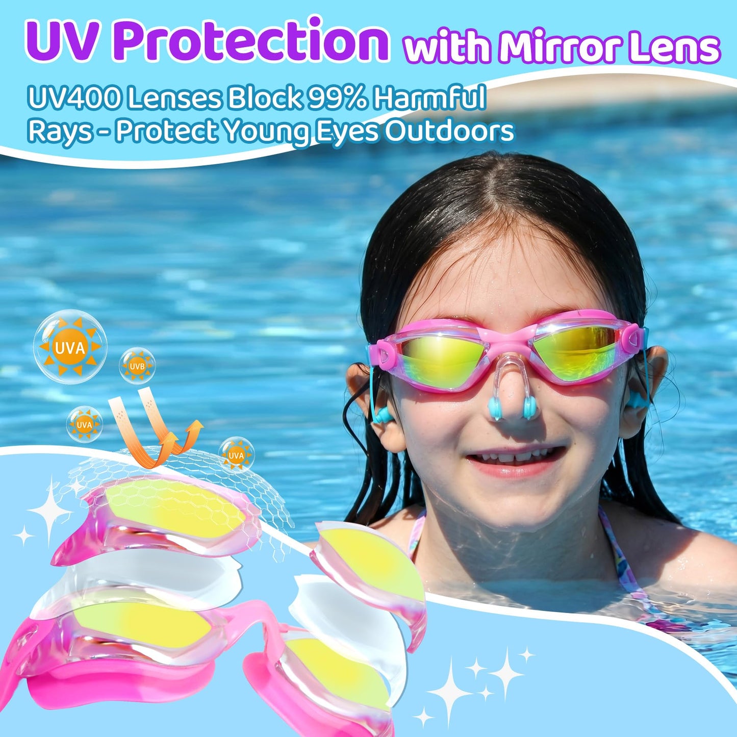 Vvinca Swimming Goggles for Kids 3-15 years-2 Pack, Kids Goggles Anti-Fog/UV No Leaking Swim Goggles for Kids