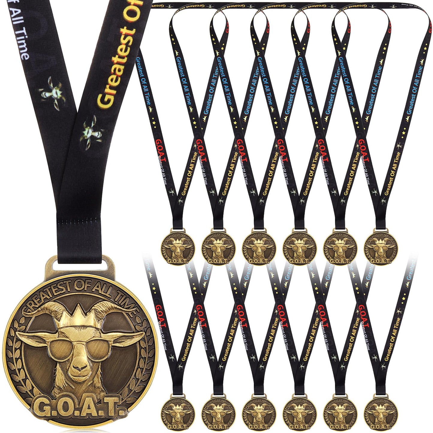 Loetere 12 Pcs Award Medals 2'' Funny Sports Awards Trophy with Neck Goat Basketball Cross Country Race Track Swimming Ribbon Winner Prizes Bulk Gift for Team Competitions Party Favor (Goat)