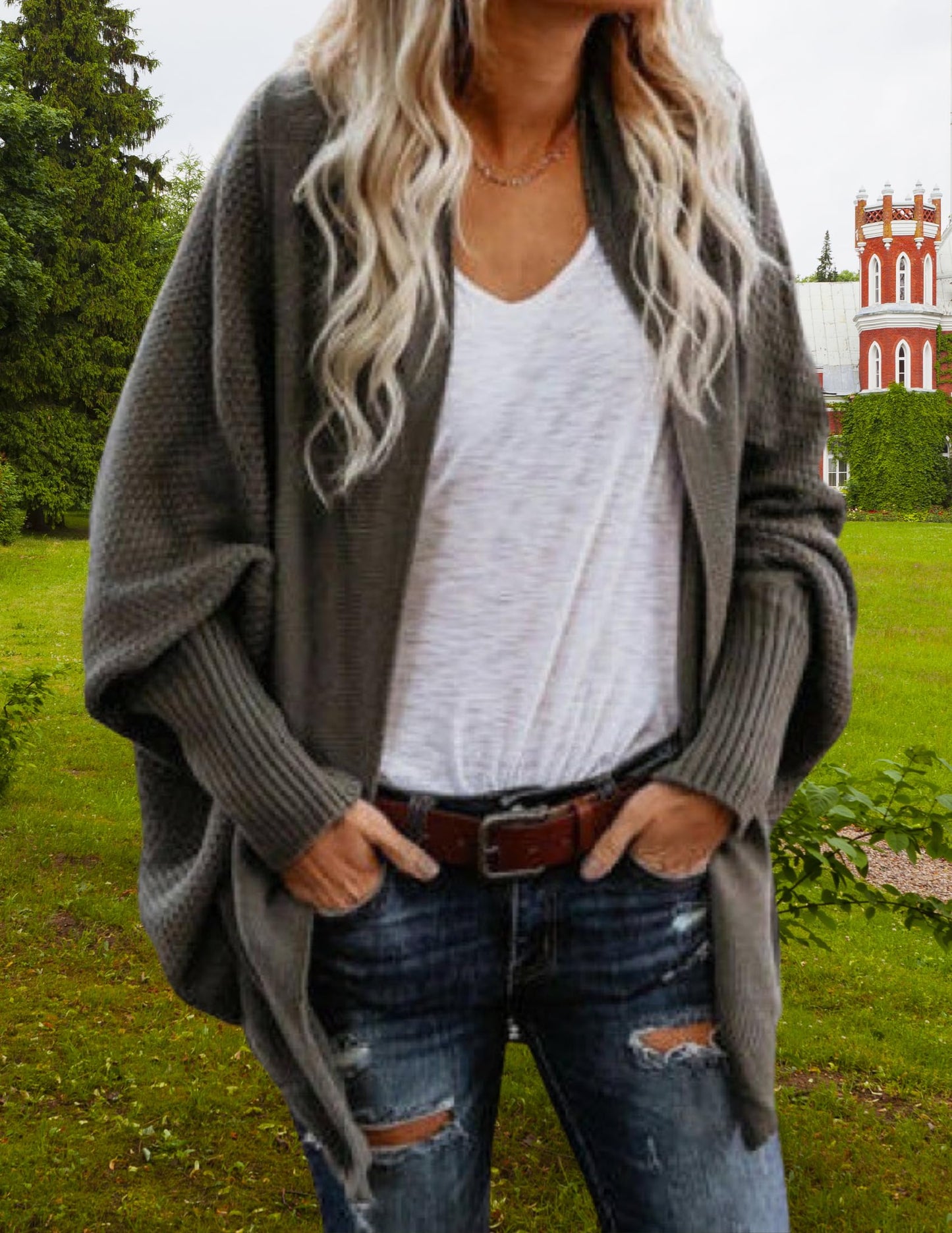 LIZALIG Women's Kimono Batwing Cable Knitted Slouchy Oversized Wrap Cardigan Sweater