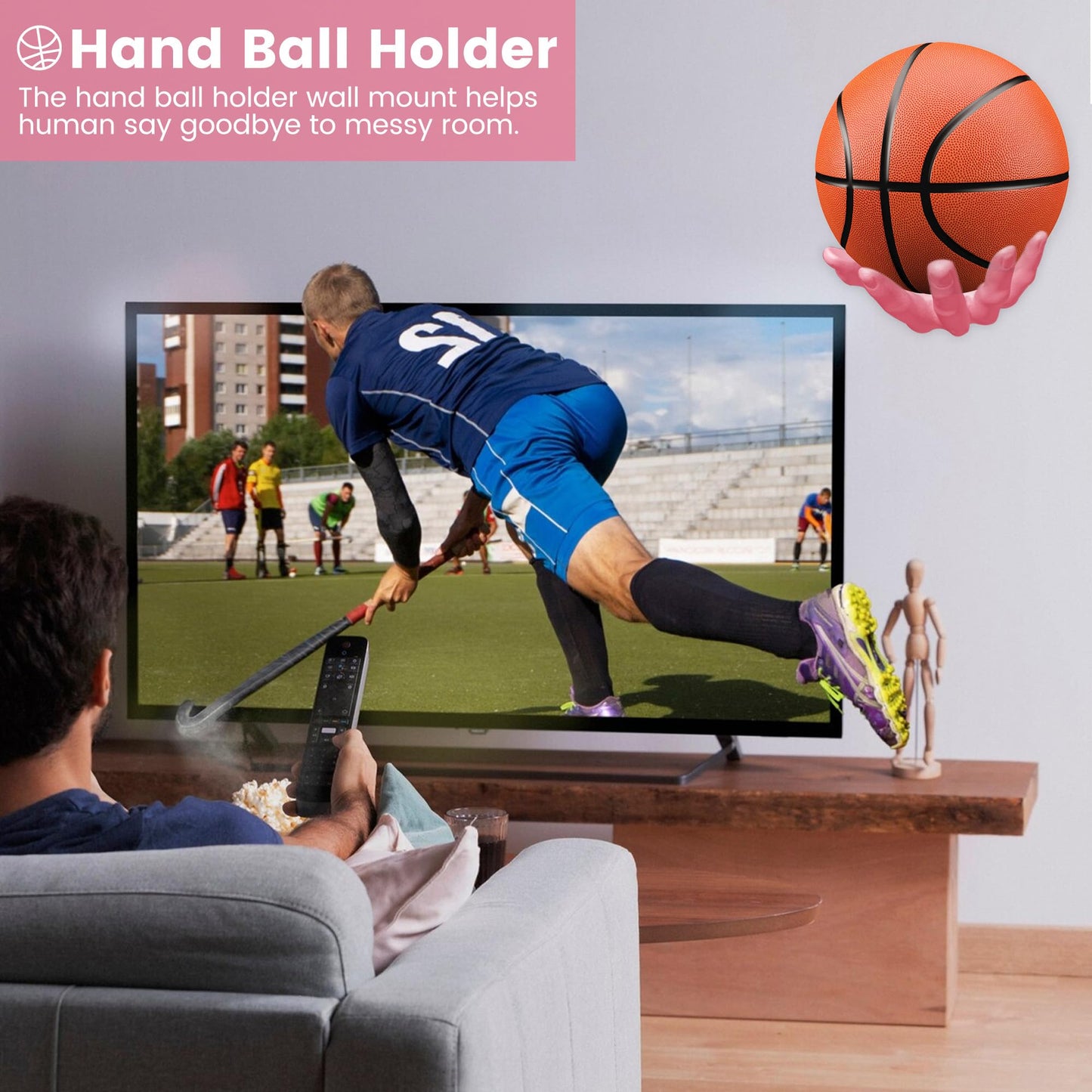 Basketball Holder – Handmade Ball on Wall Sculptures Mount Display Stand for Basketballs, Footballs & Sports Memorabilia – Perfect Man Cave Decor & Game Room Organizer (Pink)