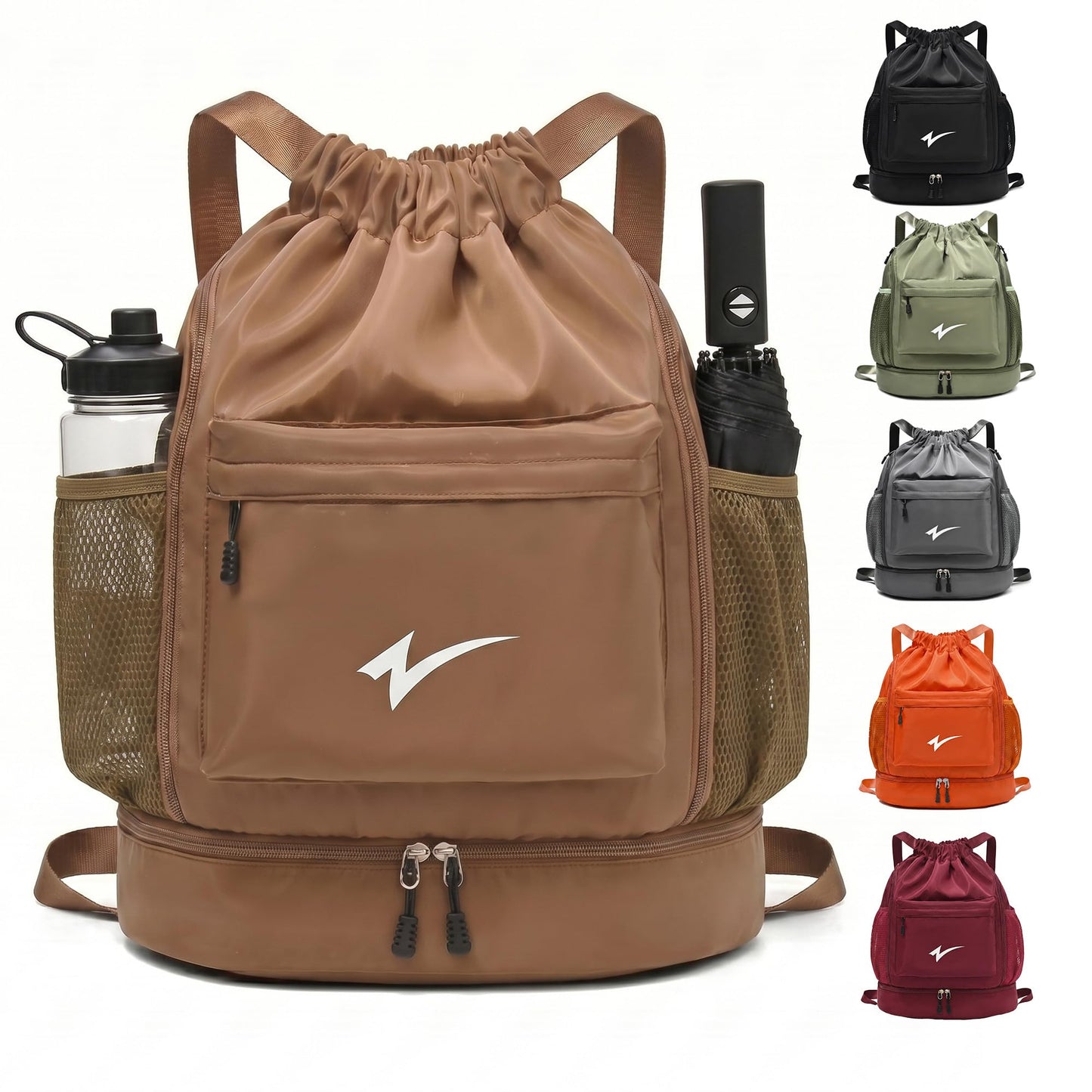 U·helper Sport Drawstring Backpack, Gym Bag with Mesh Side Pockets and Separate Shoe Compartment, Water-Resistant (Khaki)