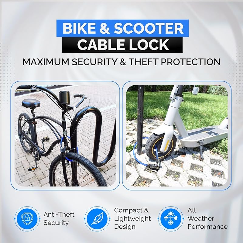 Anti-Theft Security Cable Lock, 2ft, Blue, Combination Lock, Weather Resistant