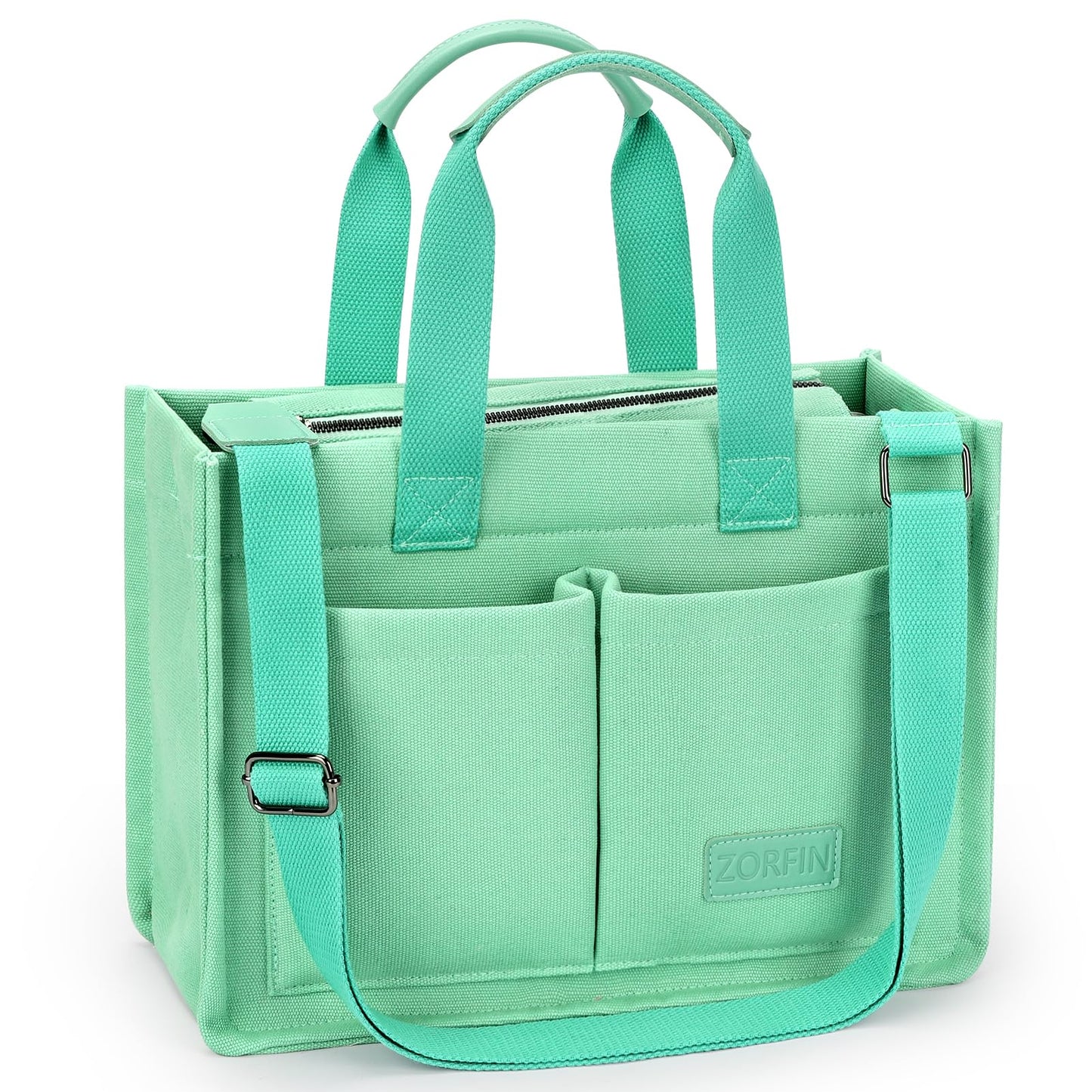 ZORFIN Canvas Tote Bag for Women with Zipper and Compartments Crossbody Work Laptop Bag for Travel College Office, Yellow Green