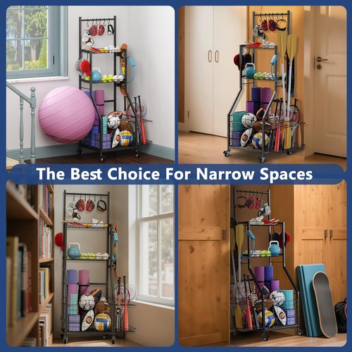 Sports Equipment Organizer for Garage - LALA IKAI Compact Mobile Gym Storage Rack with Locking Wheels & Multi-Purpose Hooks for Sports Gear, Fitness Accessories, Nerf Gun, Balls & Foam Rollers
