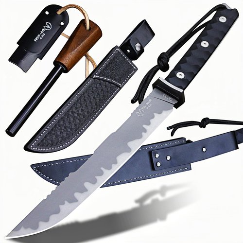 BA-KOR DC53 Full Tang 17.2in Survival Knife with Fire Starter, 5mm Thick Blade, Jungle Fixed Blade with Nylon Handle & Leather Sheath for Hunting, Camping, Bushcraft (Black (17.2in))
