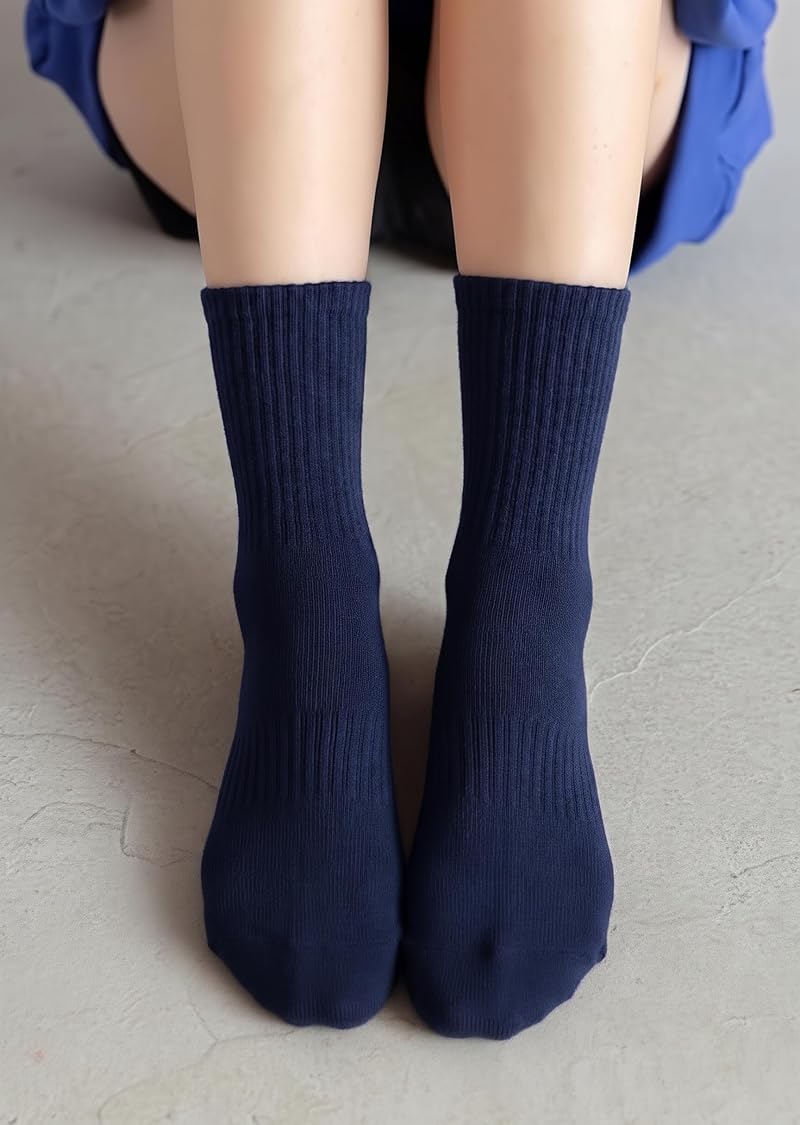 Irisbear Women’s Crew Socks 5 Pairs - Cotton Athletic LightWeight Navy Blue 6-9