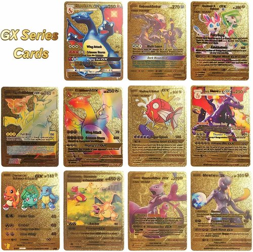 55 PCS Gold Cards Packs Vmax V EX GX Rare Golden Cards TCG Deck Box Gold Foil Card for Fans/Kids/Collectors Gifts (No Duplicates)