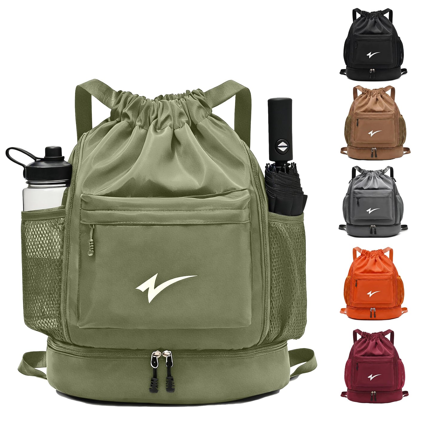 U·helper Sport Drawstring Backpack, Gym Bag with Mesh Side Pockets and Separate Shoe Compartment, Water-Resistant (Army-Green)